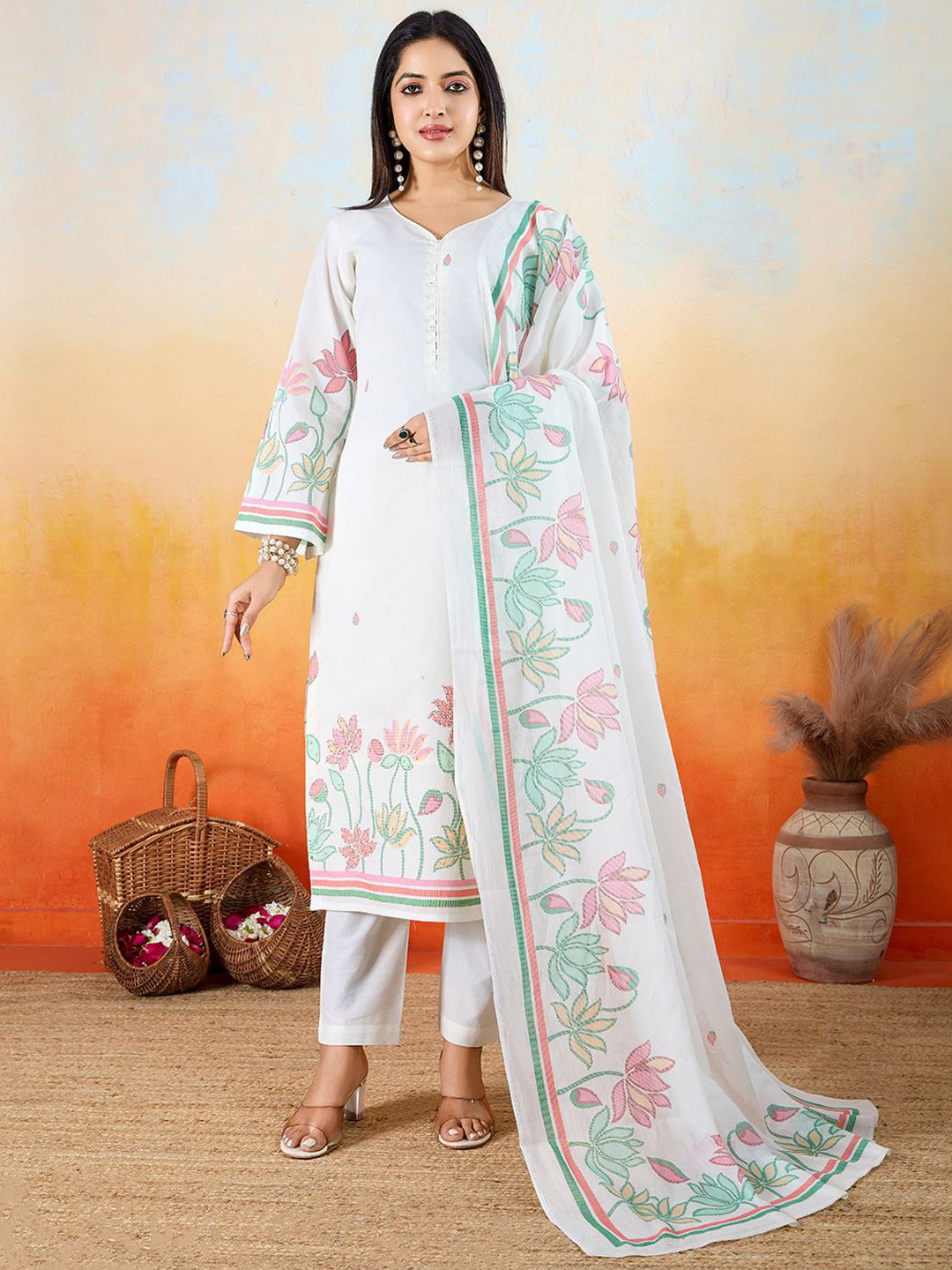 IOLY Women Floral Kantha Work Pure Cotton Kurti with Pyjamas & With Dupatta