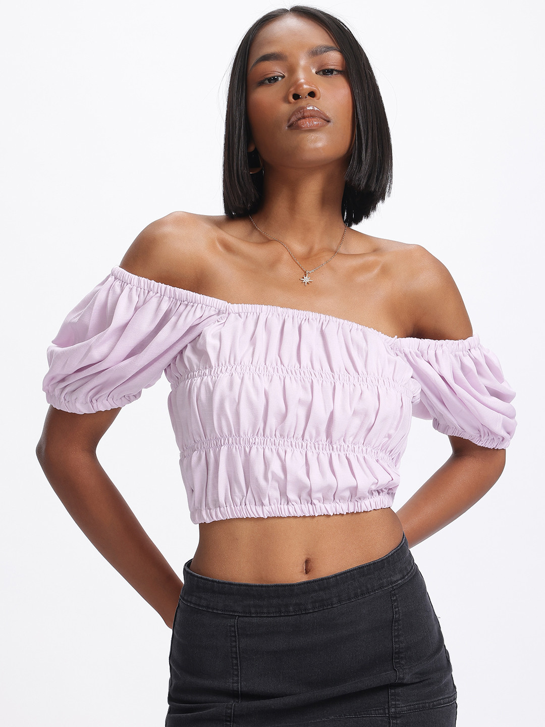 glitchez Ruched Cropped Bardot Top