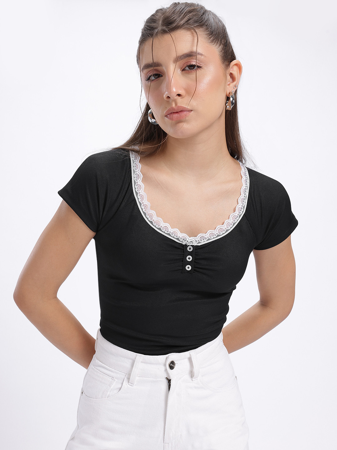 glitchez Fitted Lace Insert Ribbed Top