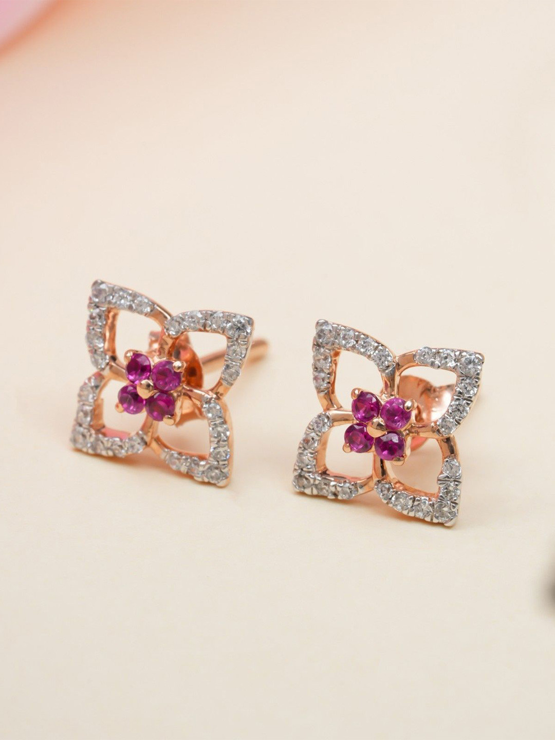 Orebella 925 Sterling Silver 18K Gold-Plated Cubic Zirconia Studded Floral Shaped Studs