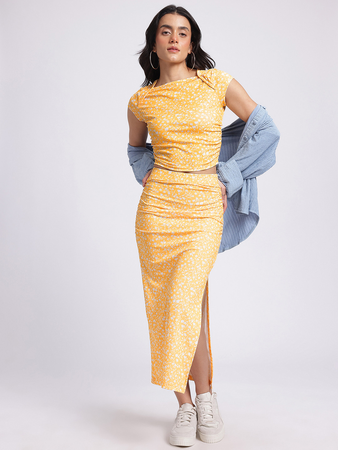 glitchez Floral Finesse Ruched Slit Hem Skirt Co-Ords