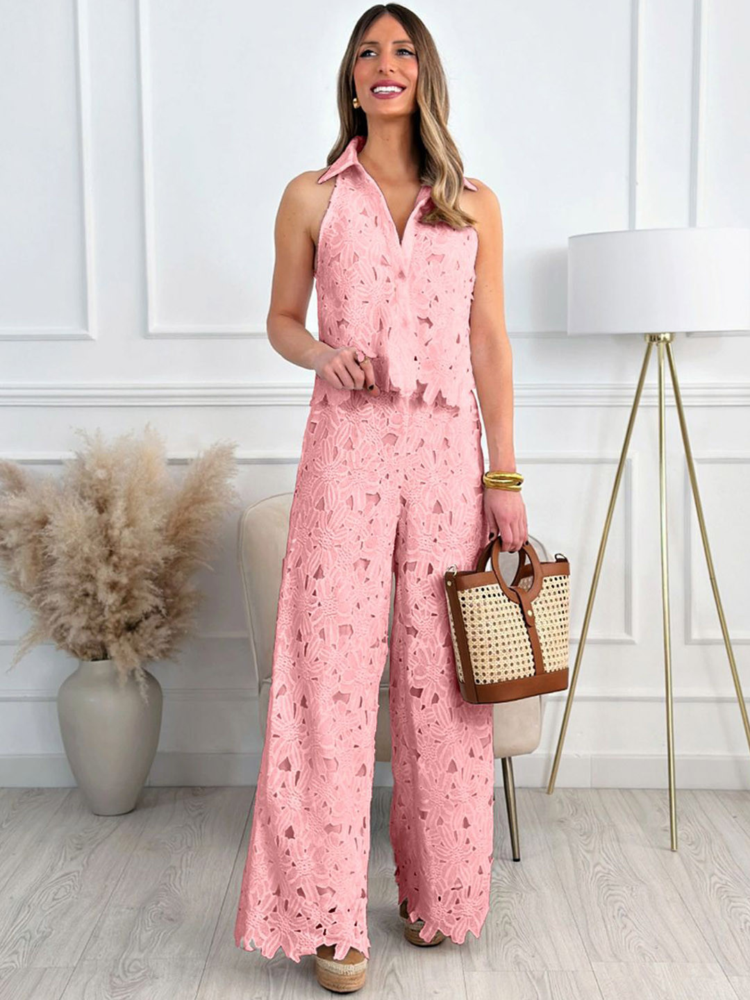 bebe Self Designed Shirt Collar Top With Trousers Co-Ords Set