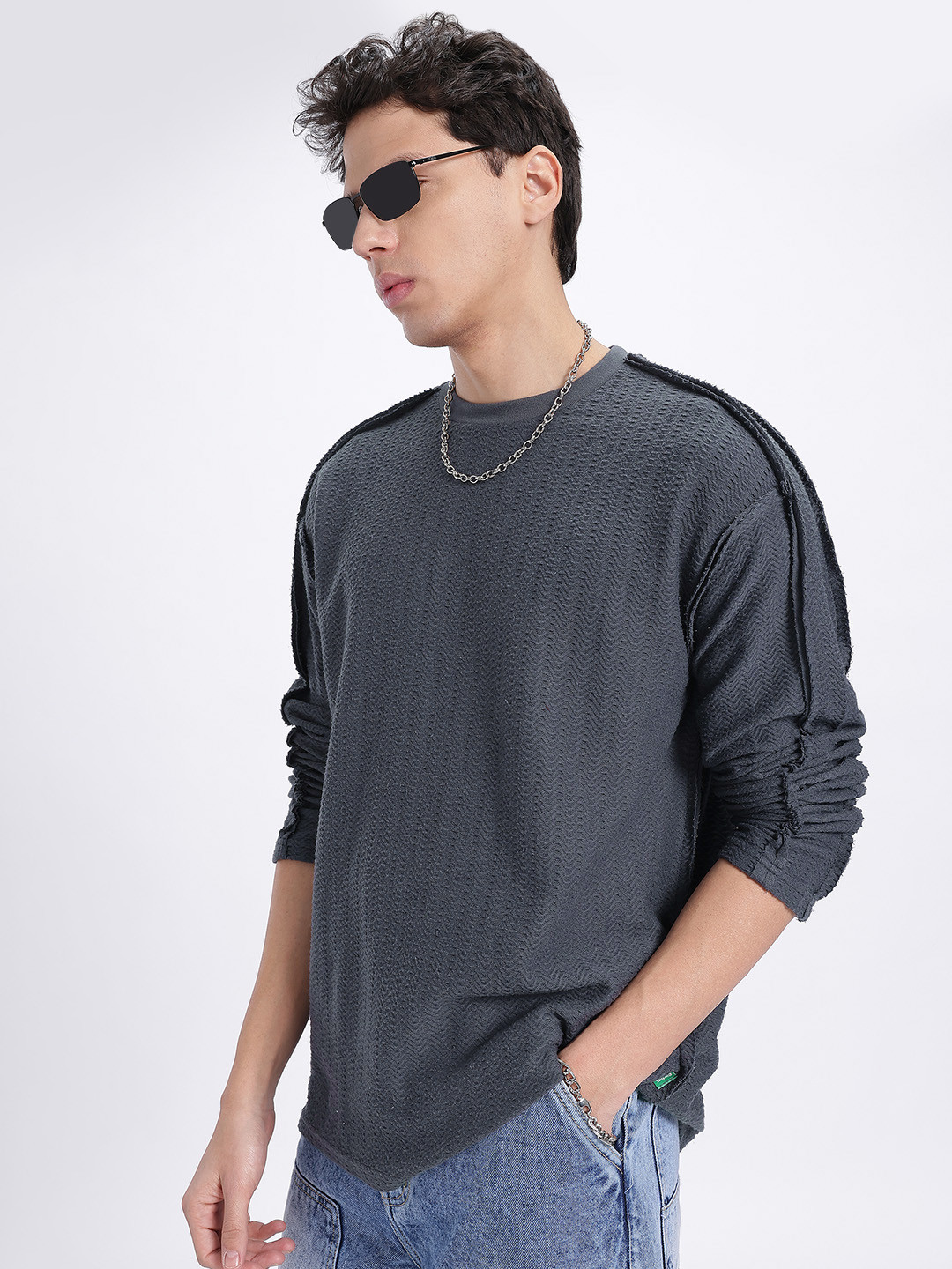 glitchez Texture Raw Self-Design Drop-Shoulder Relaxed Fit T-shirt