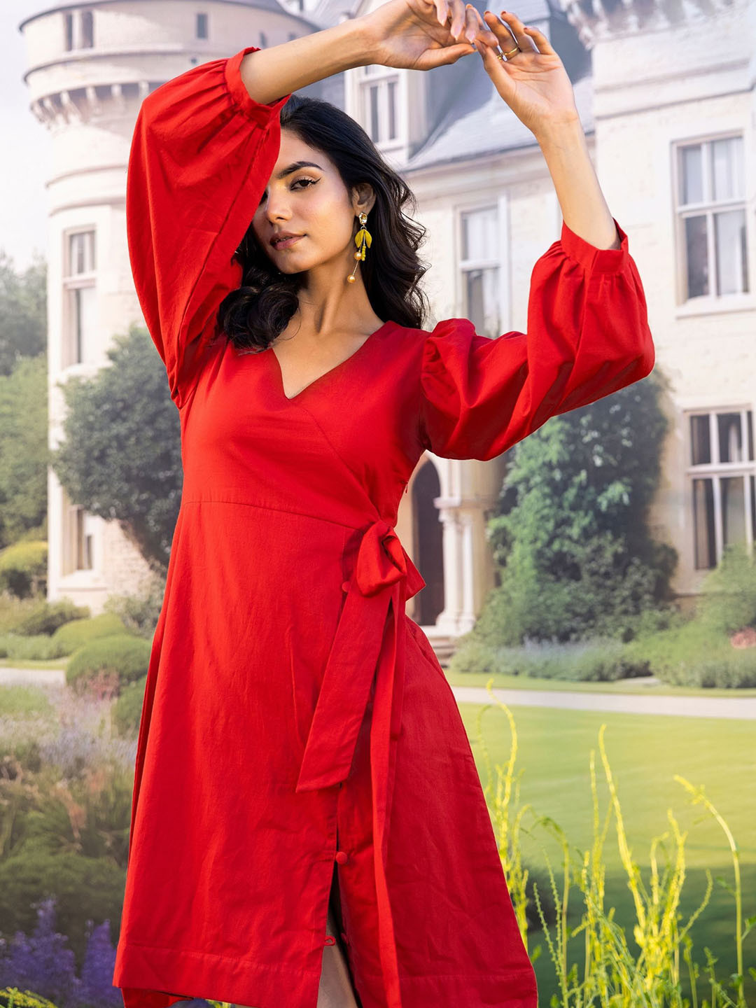 ASHEERA Summer In Dream Land Women Puff Sleeve Pure Cotton Wrap Dress