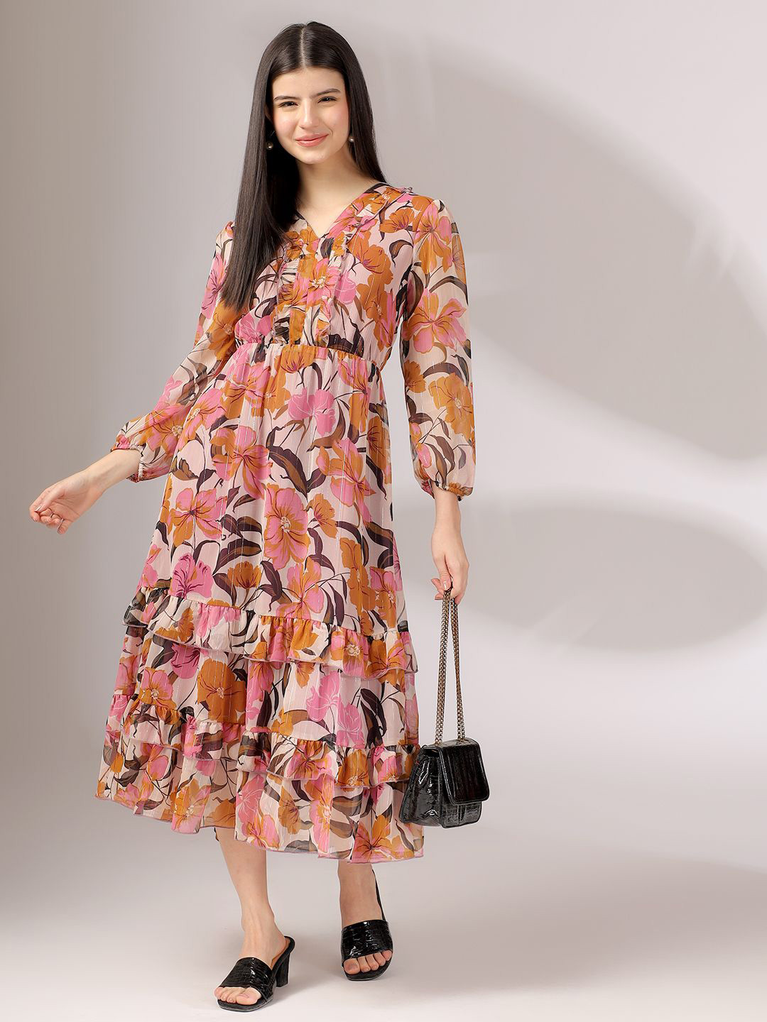 Justin Whyte Women Floral Printed Puff Sleeve Fit & Flare Midi Dress