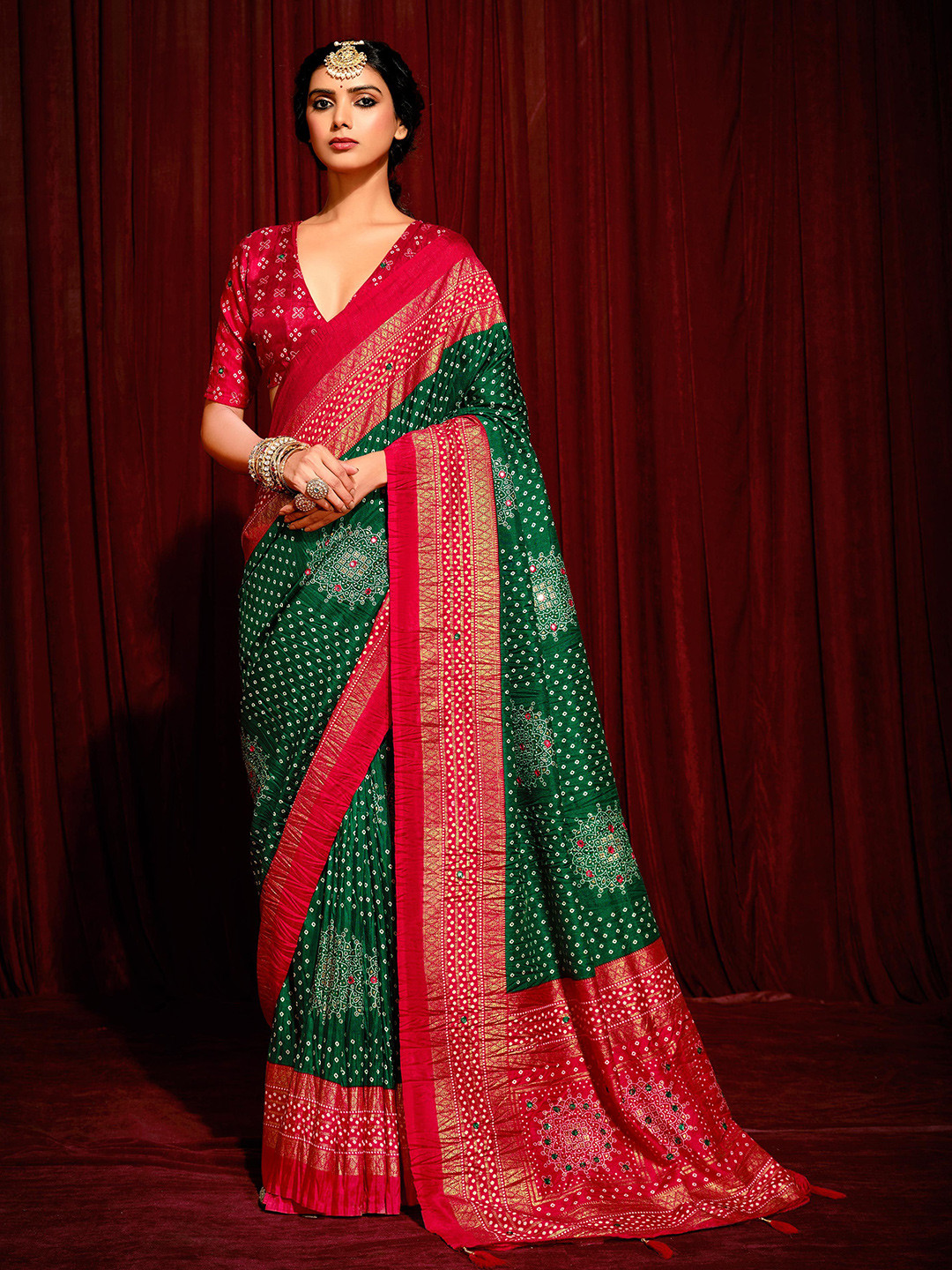 TIRA Bandhani Printed Mirror Work Tussar Saree