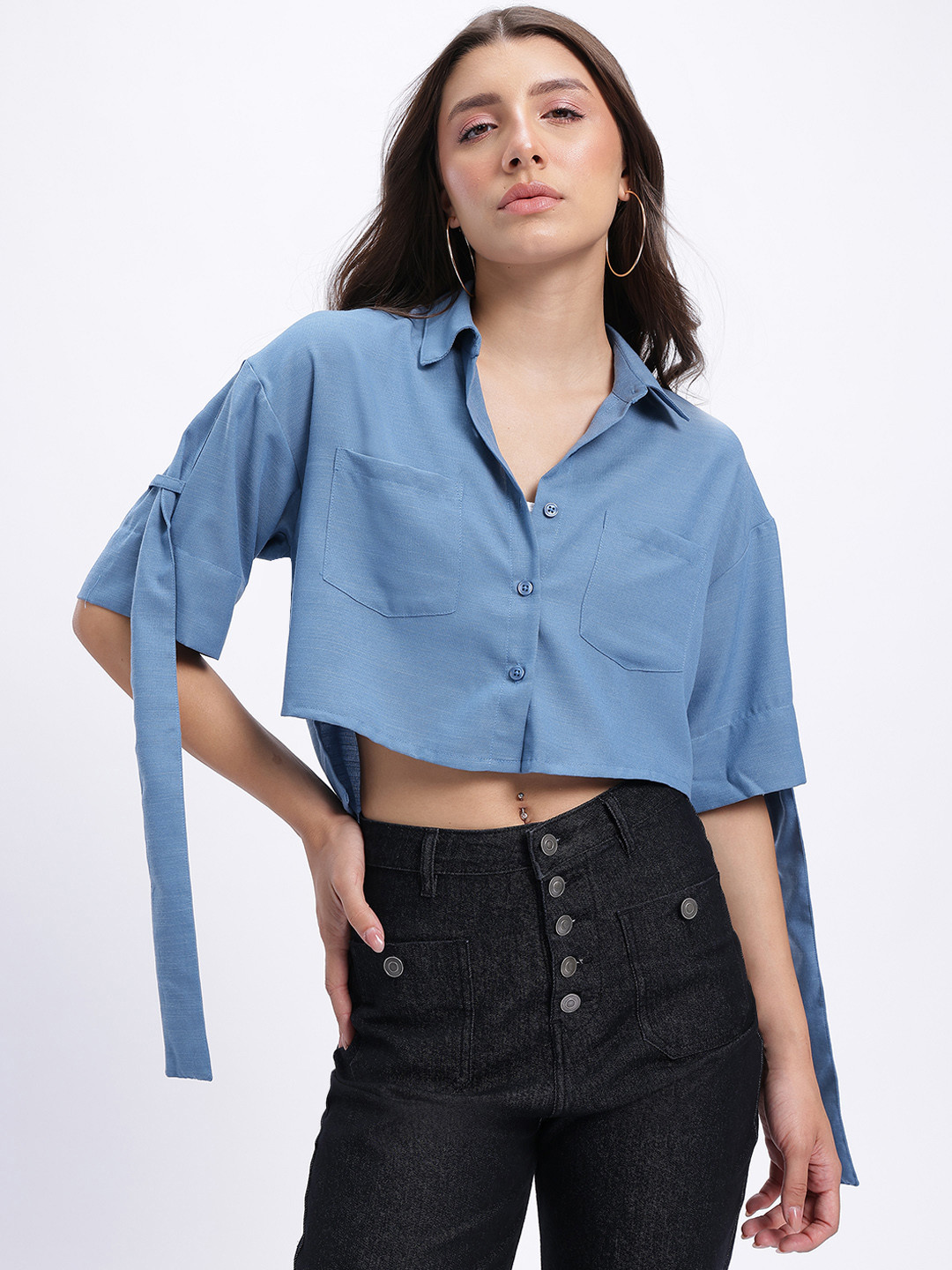 glitchez Drop-Shoulder Patch Pocketed Crop Boxy Shirt