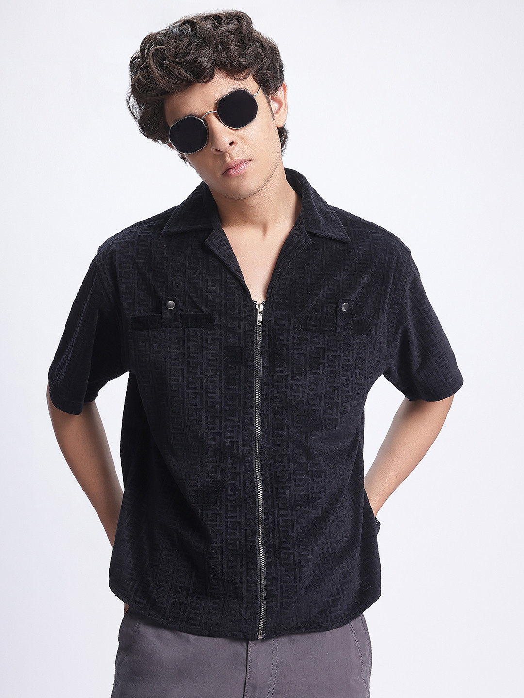 glitchez Velvet Finish Geometric Design Relaxed Fit Shirt
