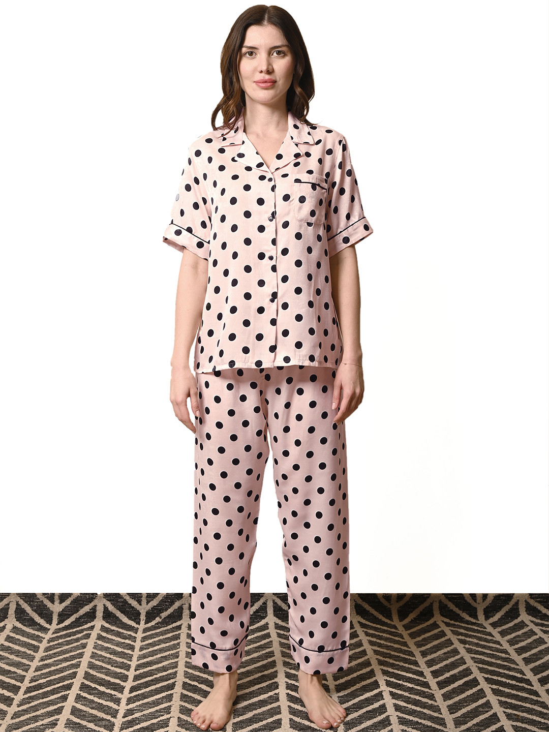 Sleepsia Women Blush Pink Polka Dot Satin Half sleeves Shirt & Pyjama Night Set
