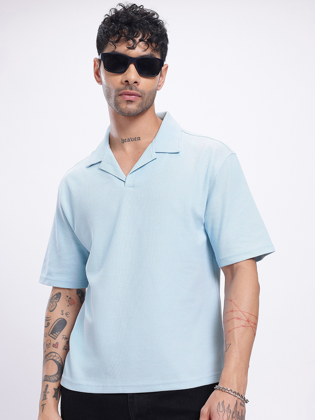 glitchez Waffle Weaves Notched Lapel Collar Relaxed Fit T-shirt