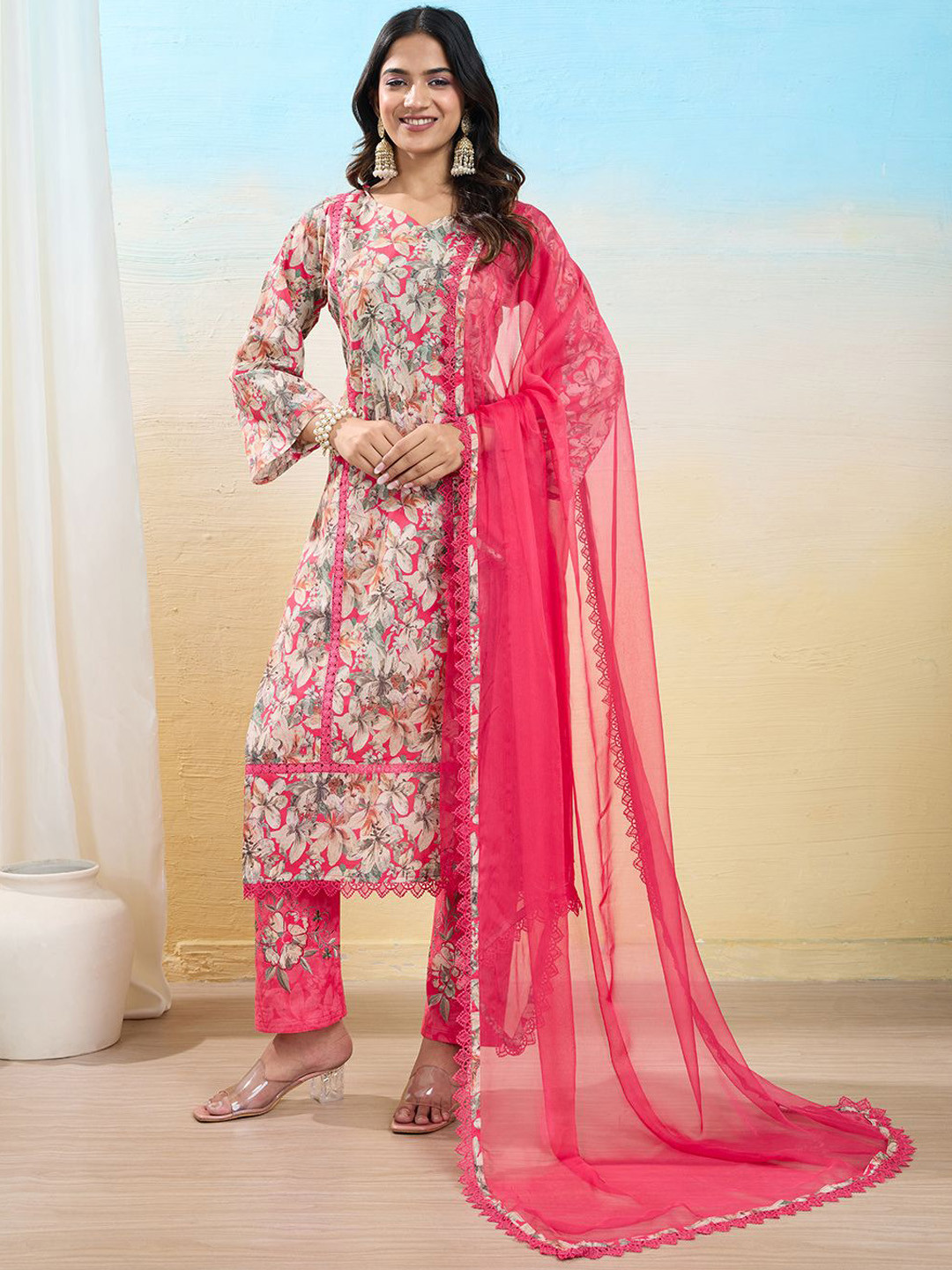 IOLY Women Floral Printed Cotton Kurta with Pyjama & Dupatta