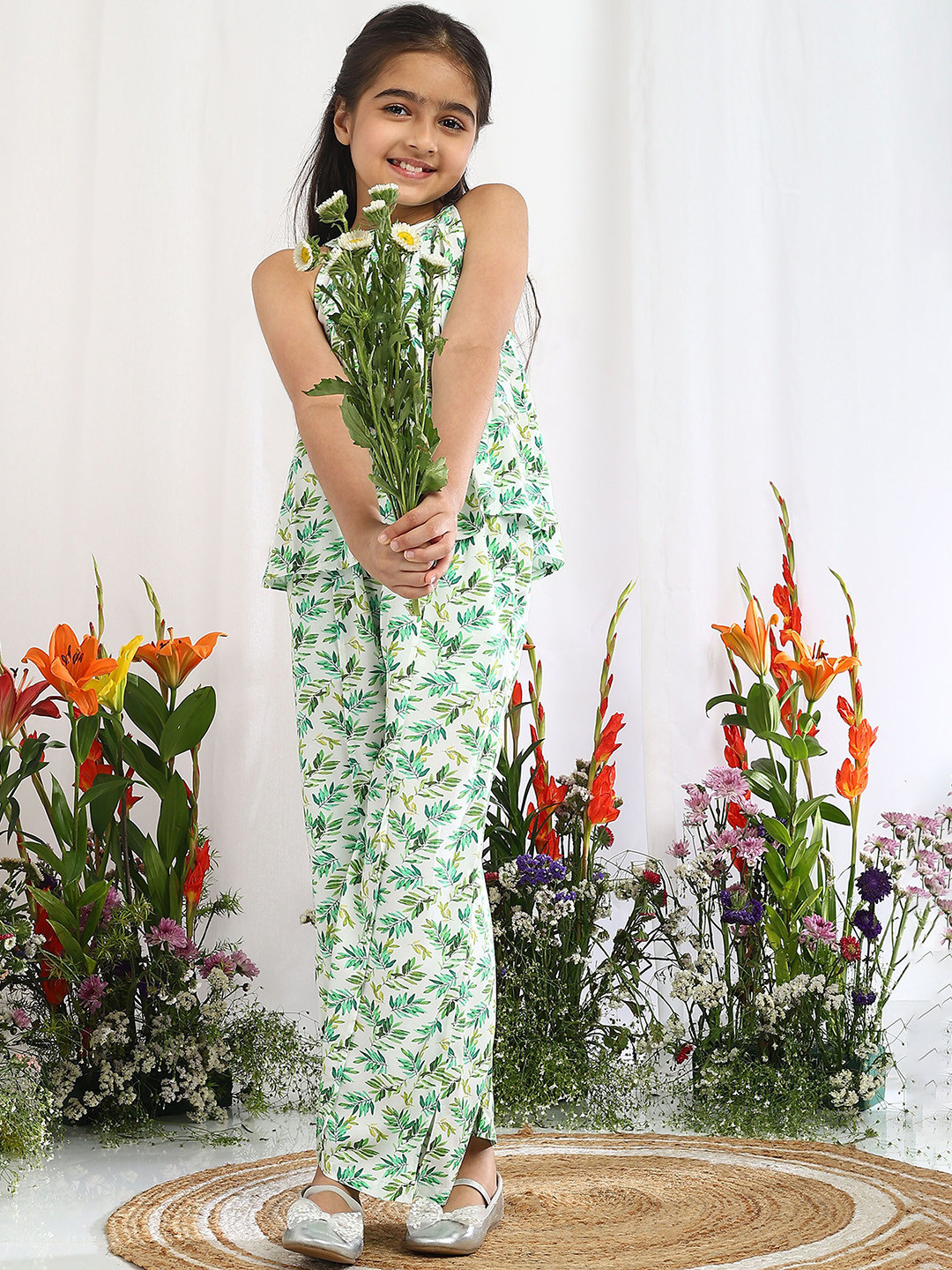 The Tribe Kids Girls Floral Printed Original High-Rise Trousers