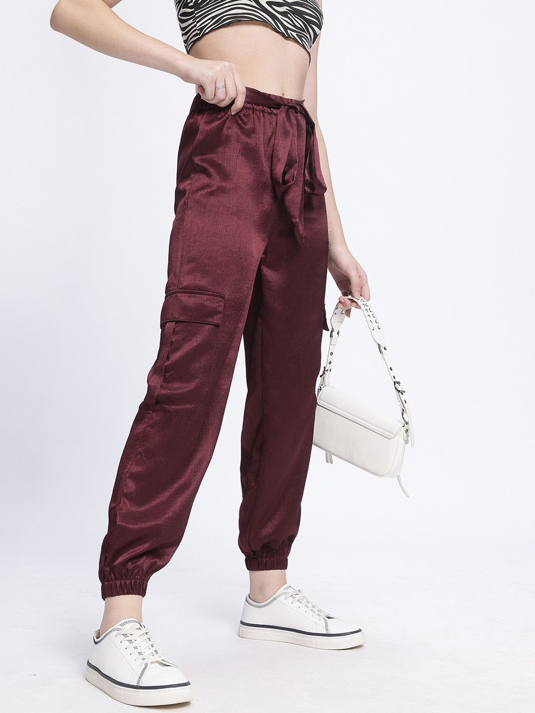 Glitchez Women Burgundy Sheen Regular Fit Joggers