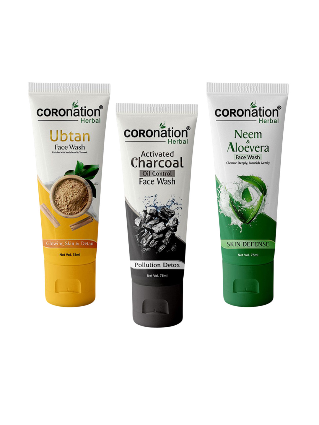 COROnation Herbal Set Of 3 Ubtan, Charcoal & Neem Aloevera Face Wash - 75 ml Each