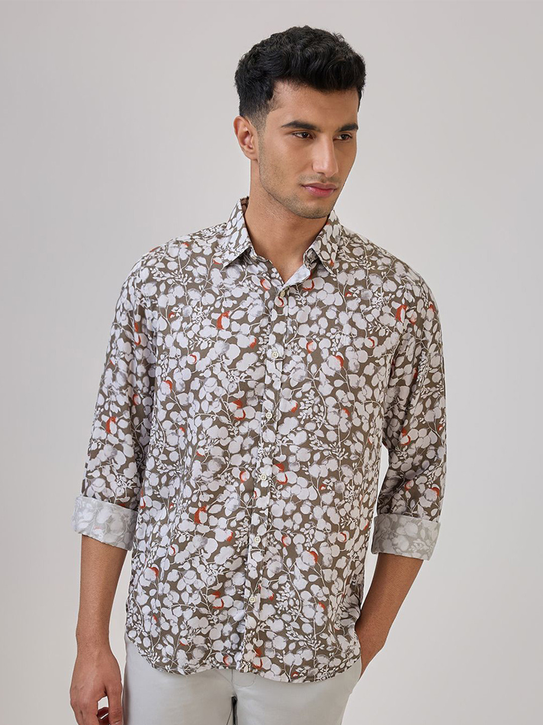 Raymond Floral Printed Spread Collar Roll-Up Sleeves Casual Shirt