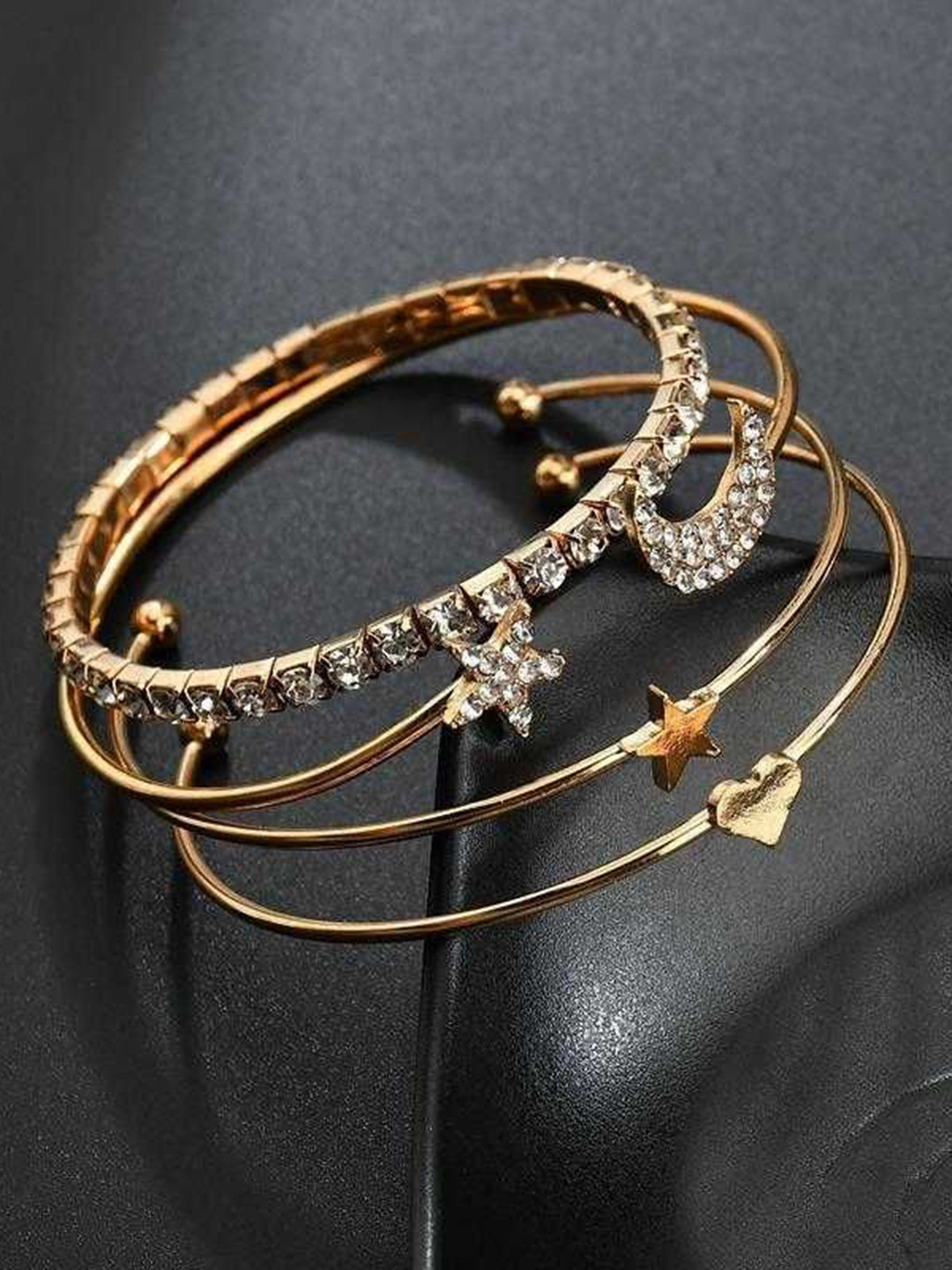 Bling Queen Set Of 4 Stainless Steel Gold-Plated CZ Studded Bangle-Style Bracelets