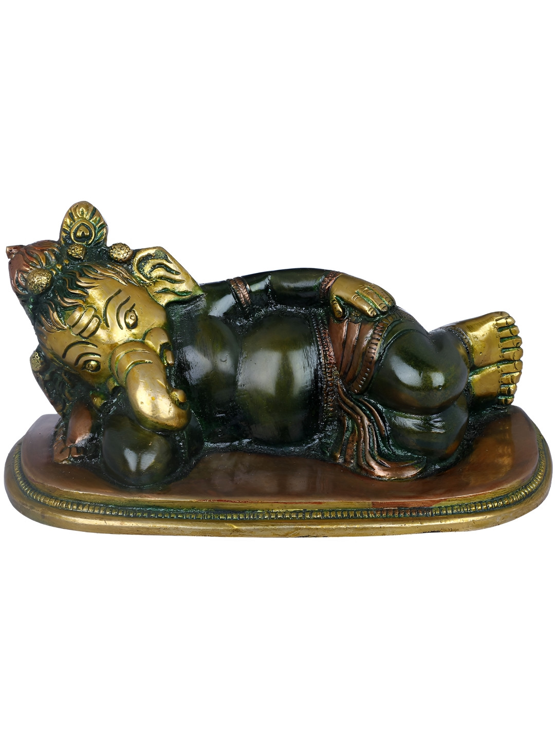 Exotic India Relaxing Ganesha Green Brass Metallic Prayer Room Small Showpiece - 3 Inches