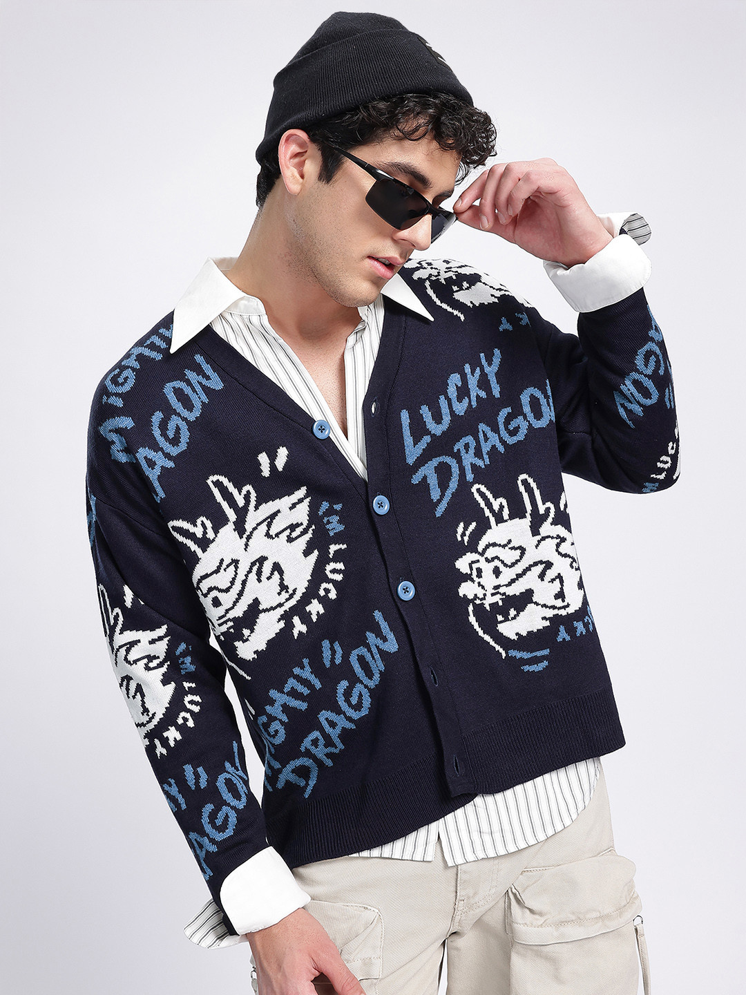 glitchez Men Knitwear Typography Cardigan