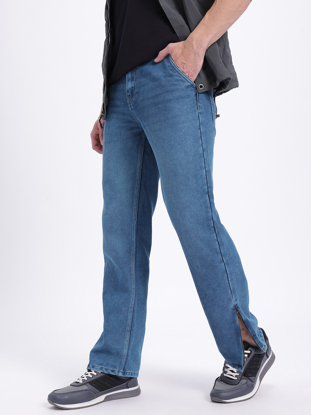 glitchez Men Stitch Slit Hem with Zip Closure Straight Fit Jeans