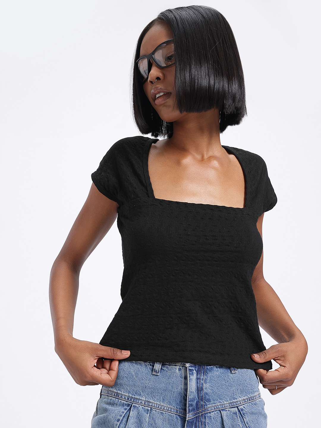 glitchez Seersucker Square Neck Top