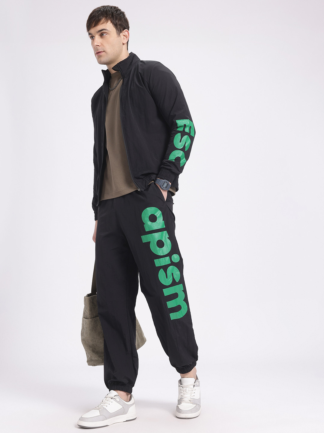 glitchez Typography Print Mock Collar Zip-Up Tracksuit