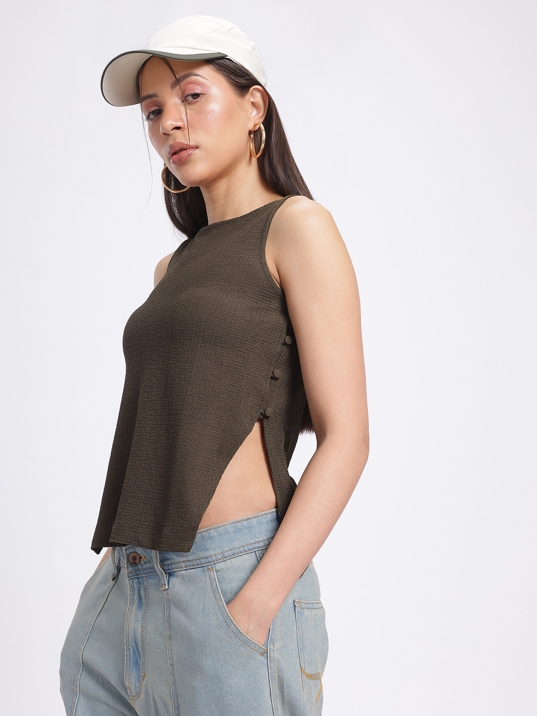 glitchez Button Detailed Side Slit Textured Top