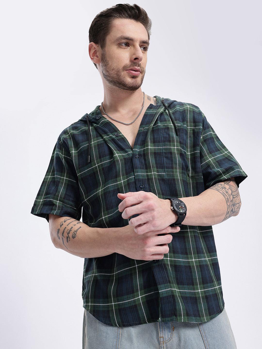 glitchez Rugged Layers Checked Oversized Hooded Shirt