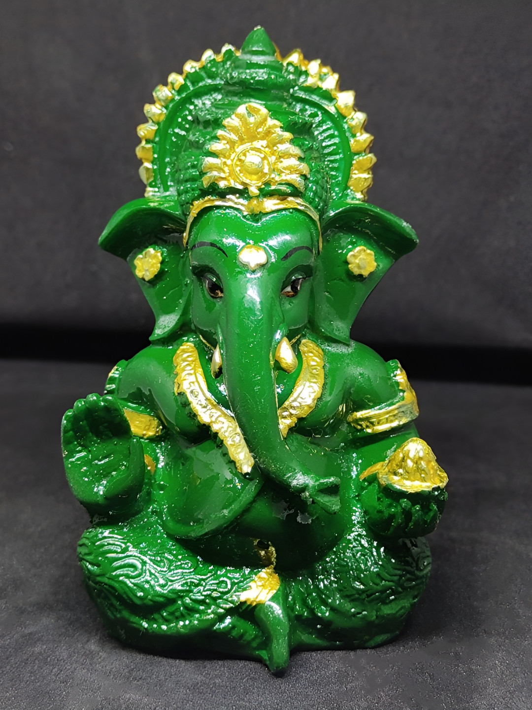 SSS SCULPTURE Haldi Ganesh Green Ceramic Natural Prayer Room Tiny Showpiece - 3.5 Inches