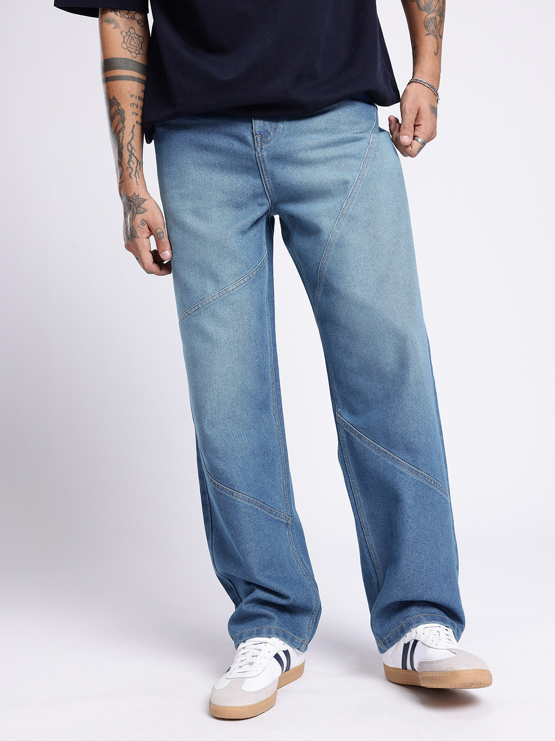 glitchez Men Loose Fit Light Faded Panelling Jeans
