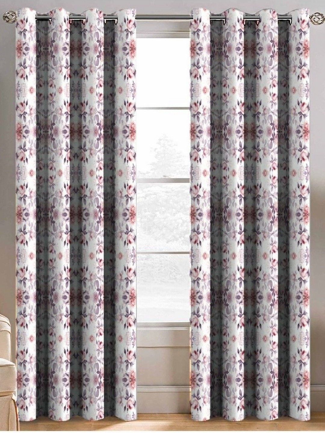 Aura White And Pink 2 Pieces Floral Printed Long Door Curtain