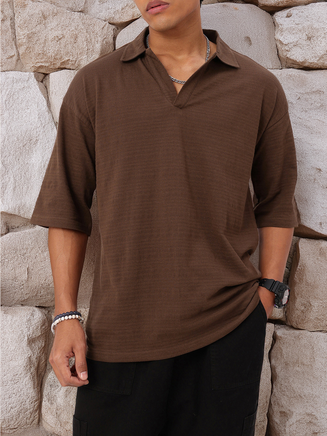 glitchez Textured Polo Collar Relaxed Fit T-shirt
