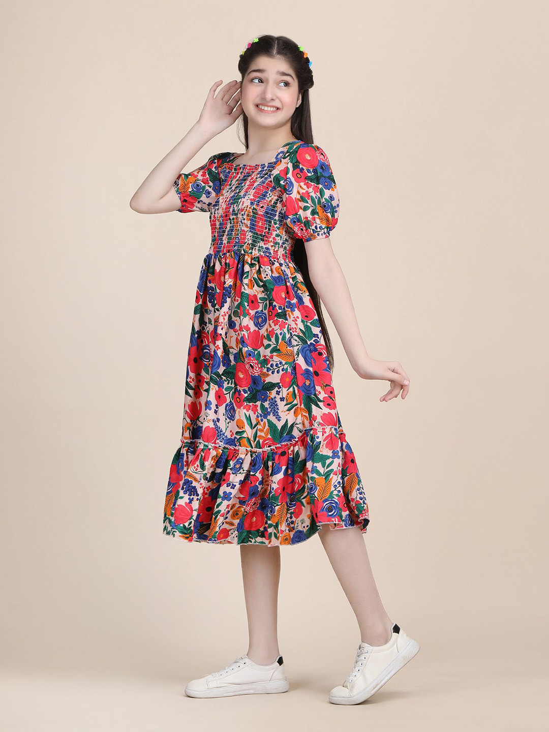 PaheliRani Girls Floral Puff Sleeve Smocked Crepe Fit & Flare Midi Dress