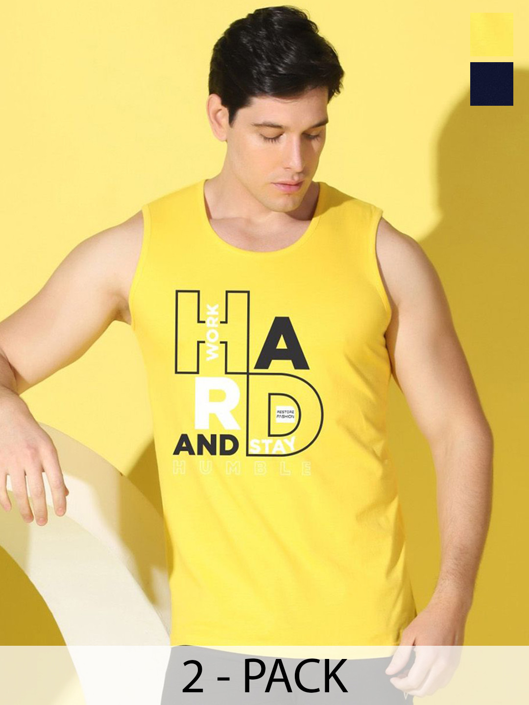 WOOSTRO Pack Of 2 Printed Ultra-Soft Gym Vests VWS26(HARD YELLOW)(ENJOY NAVY)
