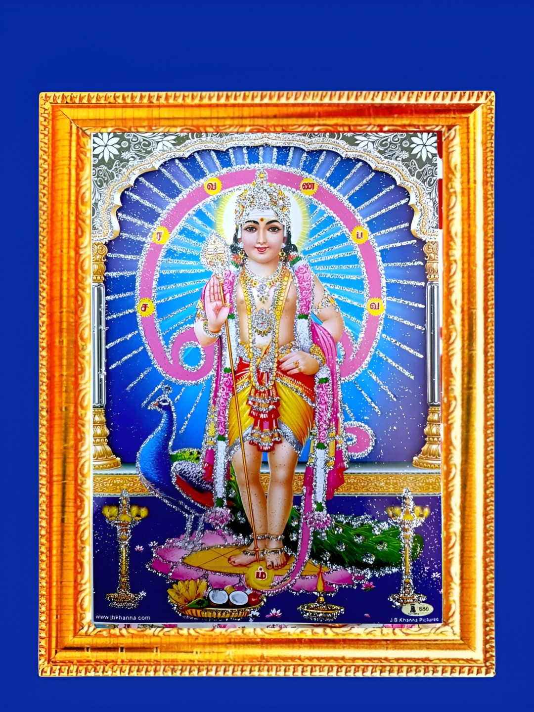 SUNINOW Gold-Toned & Blue Murugan-Kartikeya Wooden Photo Frame