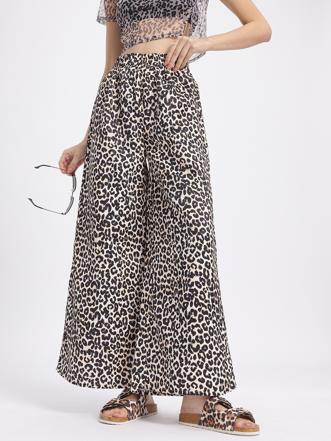 glitchez Women Animal Print Wide Leg Trousers