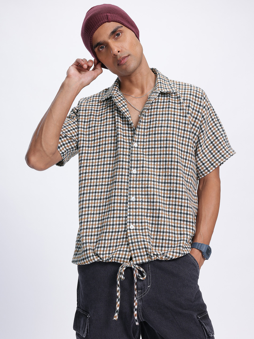 glitchez Gingham Checked Tie-Up Relaxed Fit Shirt