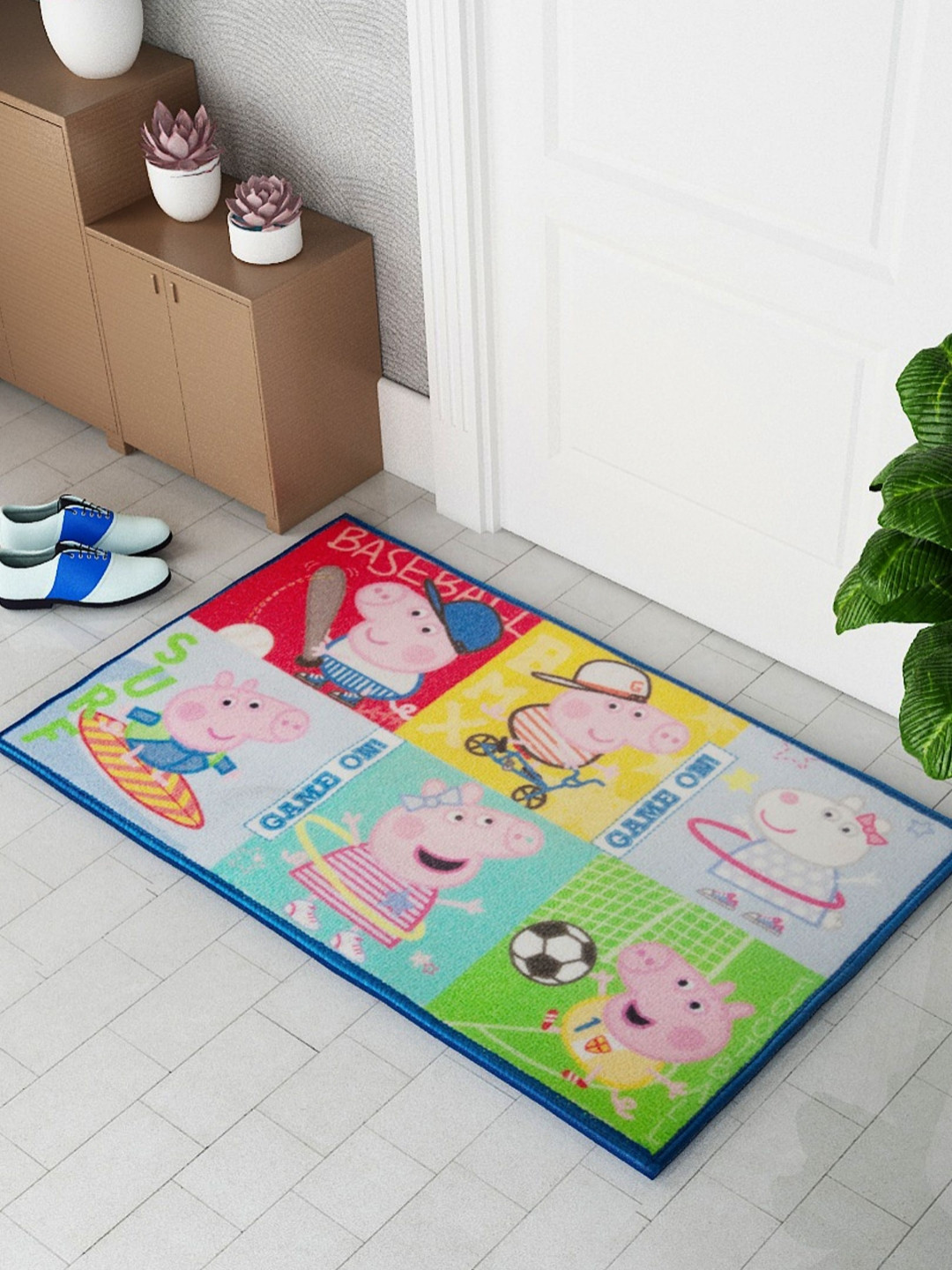 Athom Living Blue & Red Peppa Pig Character Printed Anti-Skid Doormats