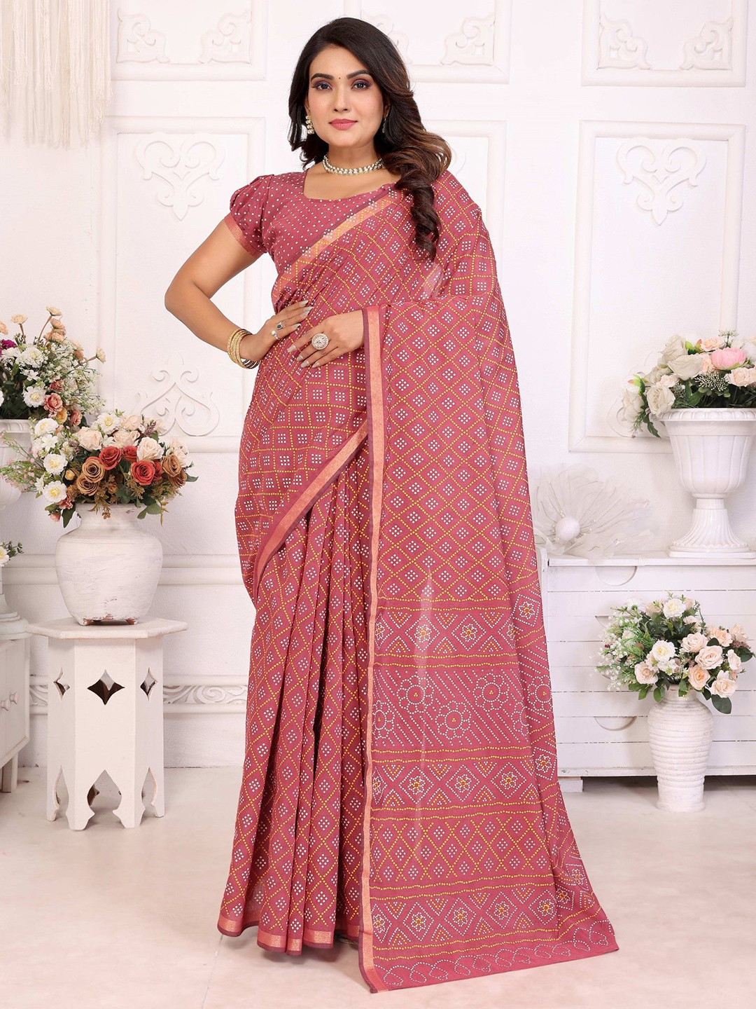 Anaita Bandhani Printed Bandhej Saree With Unstitched Blouse Piece