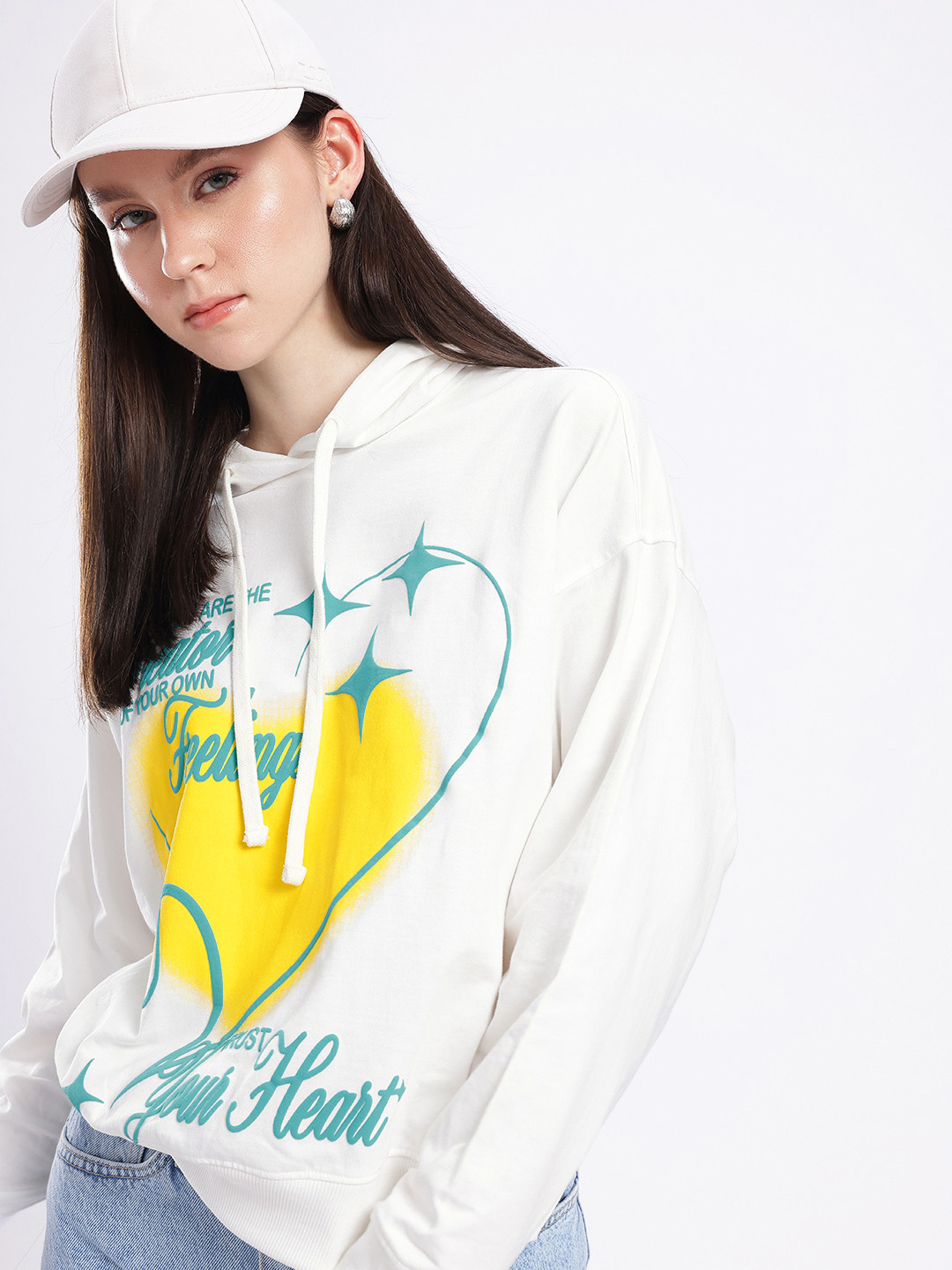 glitchez Heart Printed Cotton Terry Oversized Hooded Sweatshirt