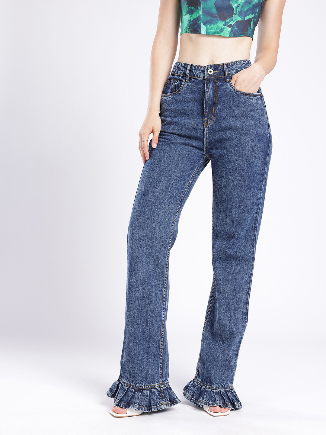 glitchez Women Straight Fit Light Fade Jeans With Frills hem