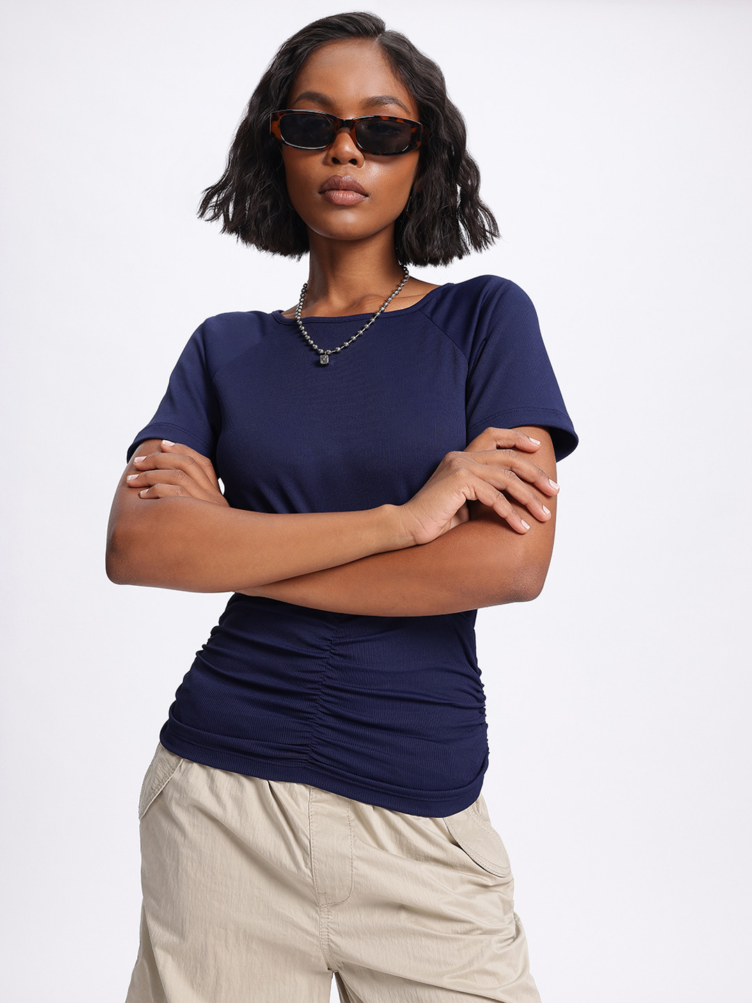 glitchez Navy Blue Pleated Ribbed Cinched Waist Top