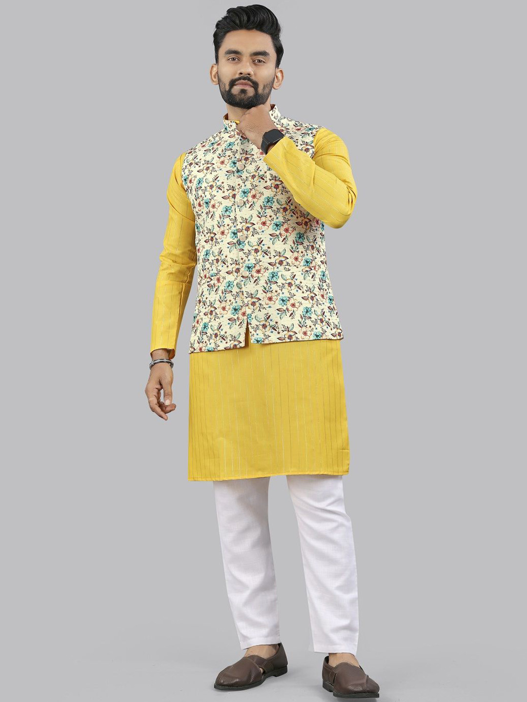 WELL TEX Striped Mandarin Collar Straight Kurta With Pyjamas And Nehru jacket