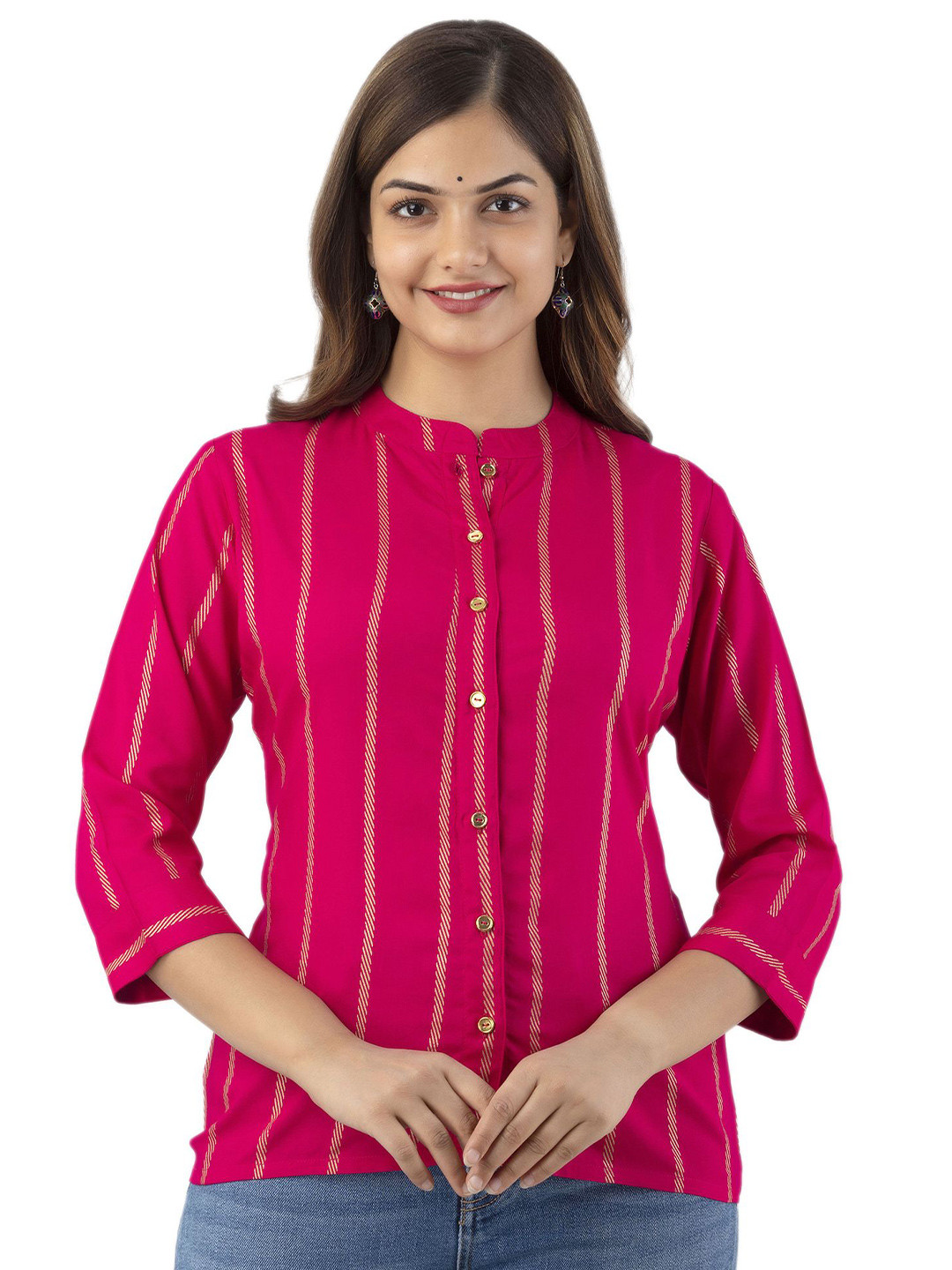 DMP EXPORT Women Striped Mandarin Collar Shirt Style Top