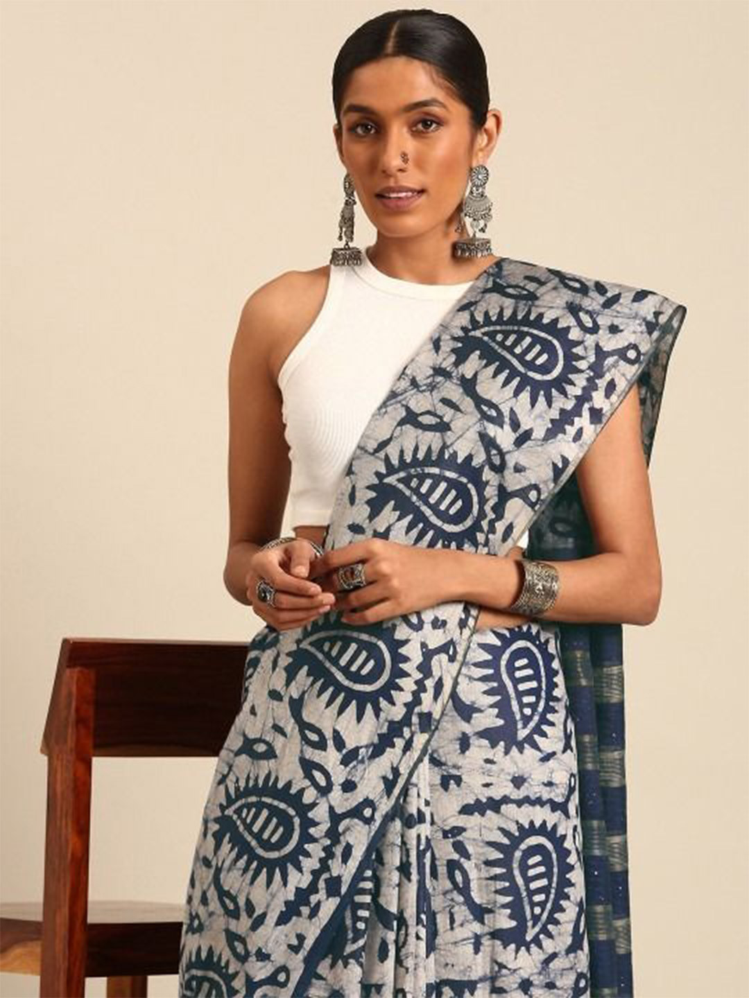 NK Textiles Batik Pure Cotton Block Print Saree