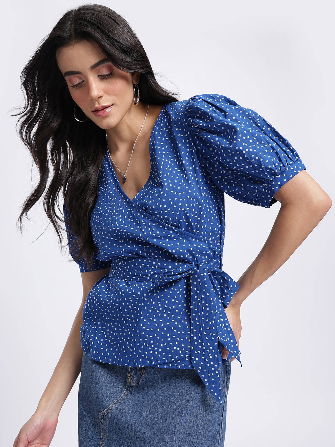 glitchez Polka Dots Puff Sleeves Belted Detail Pure Cotton Wrap Top