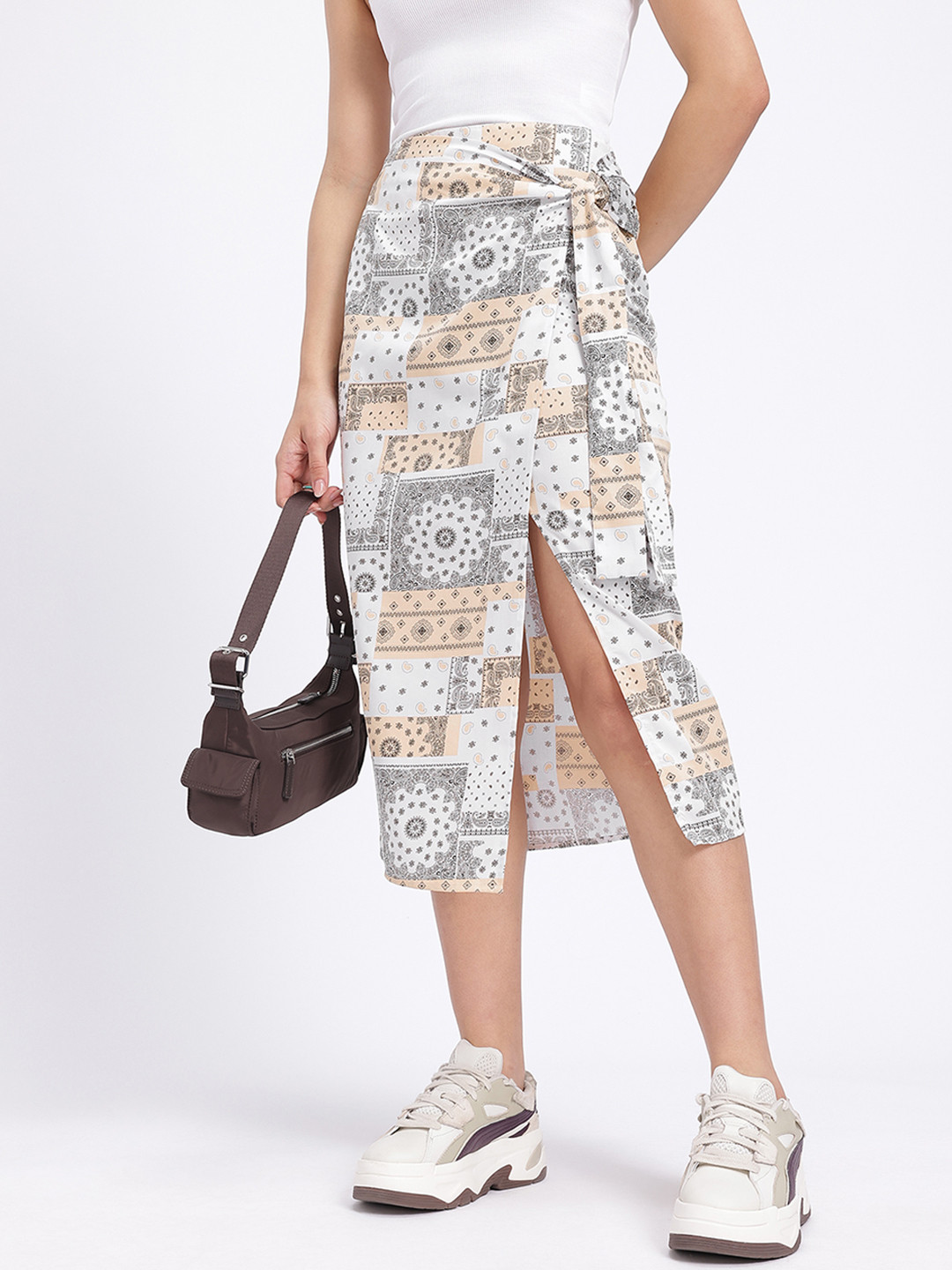 glitchez Pure Cotton Tie-Up Detail Midi Wrap Skirt with Side Slit