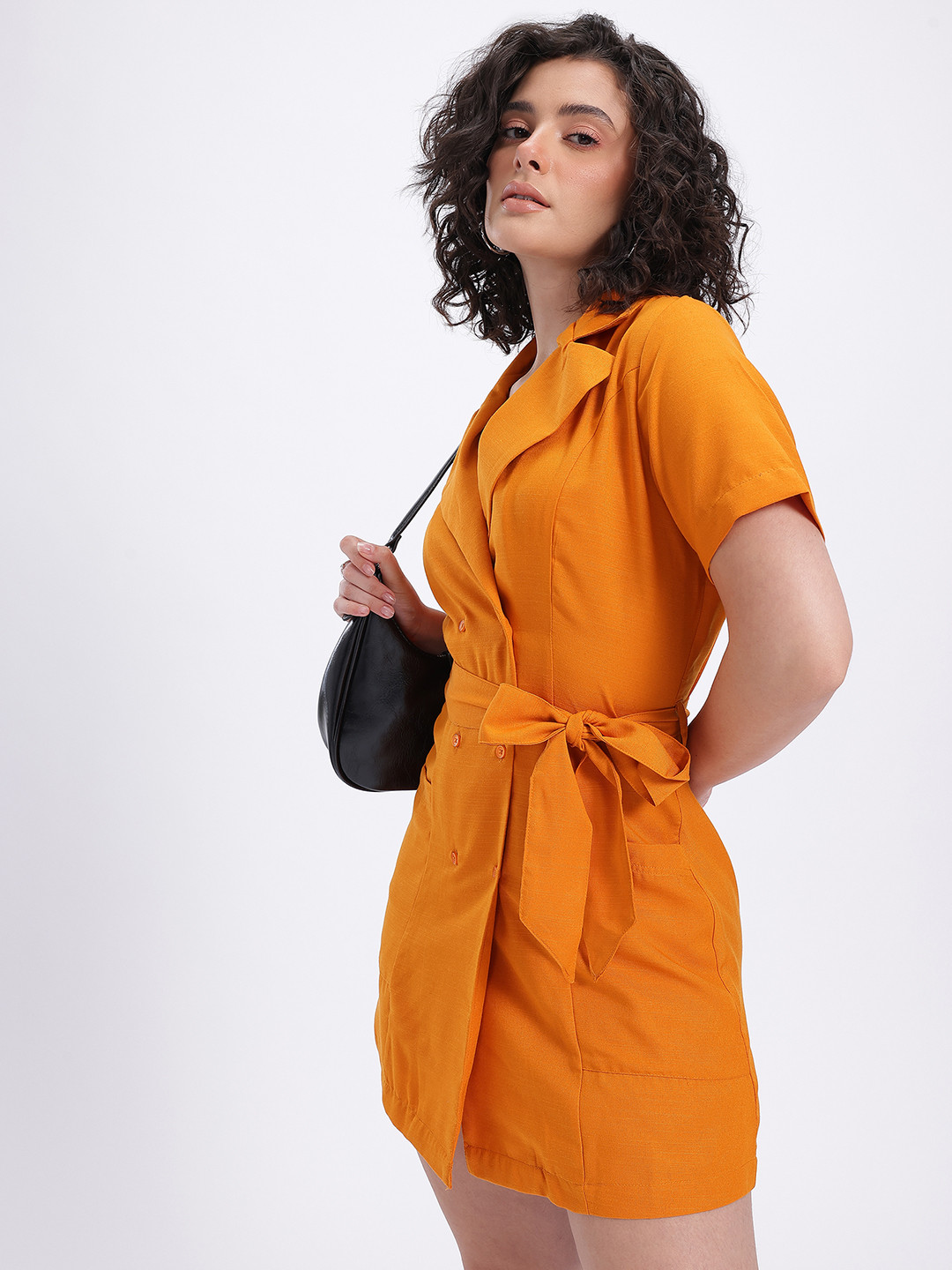 glitchez Double-Breasted Blazer Style Shirt Collar Dress With Belt