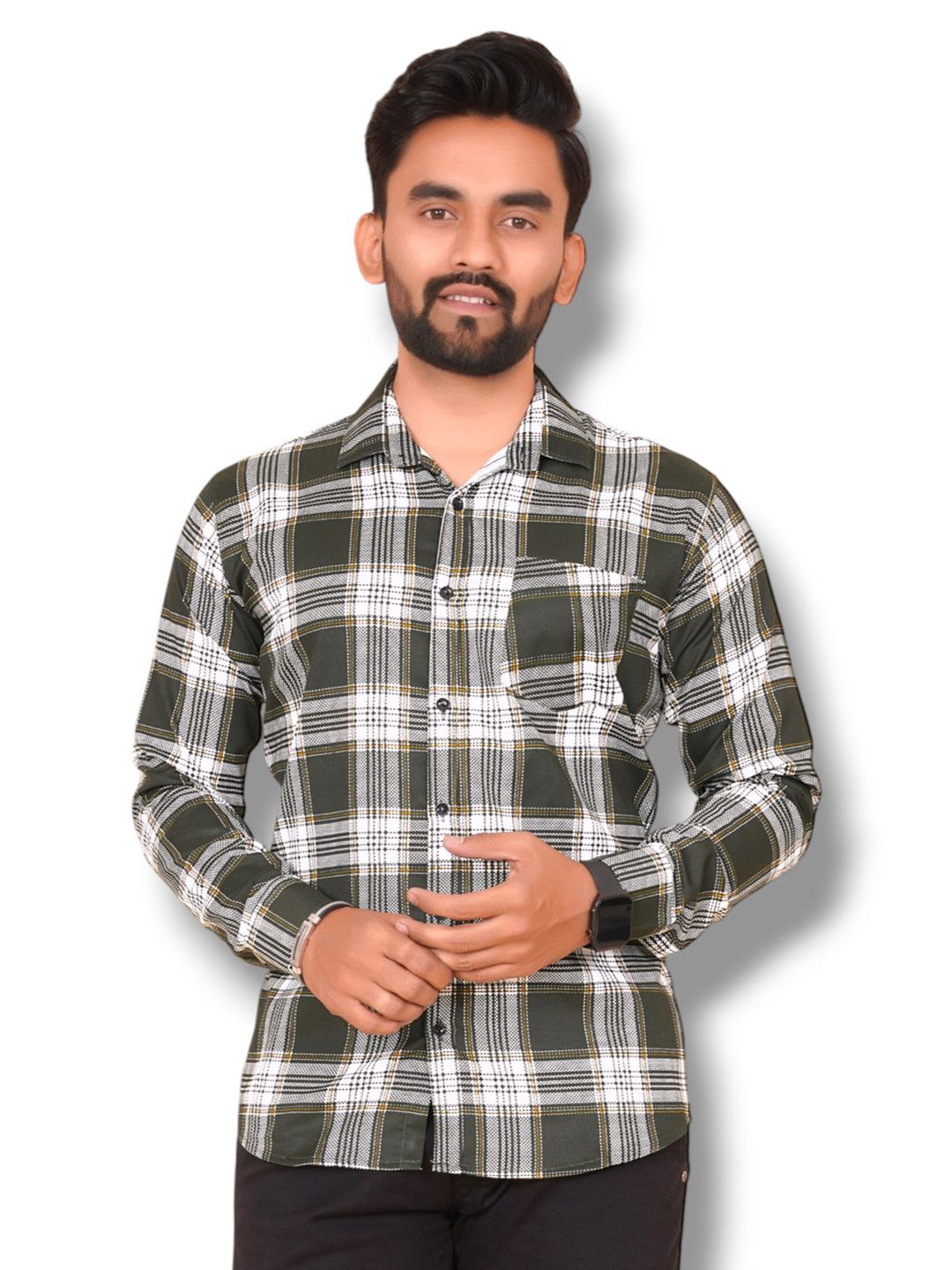 HKV FASHION Modern Grid Tattersall Checks Spread Collar CottonShirt