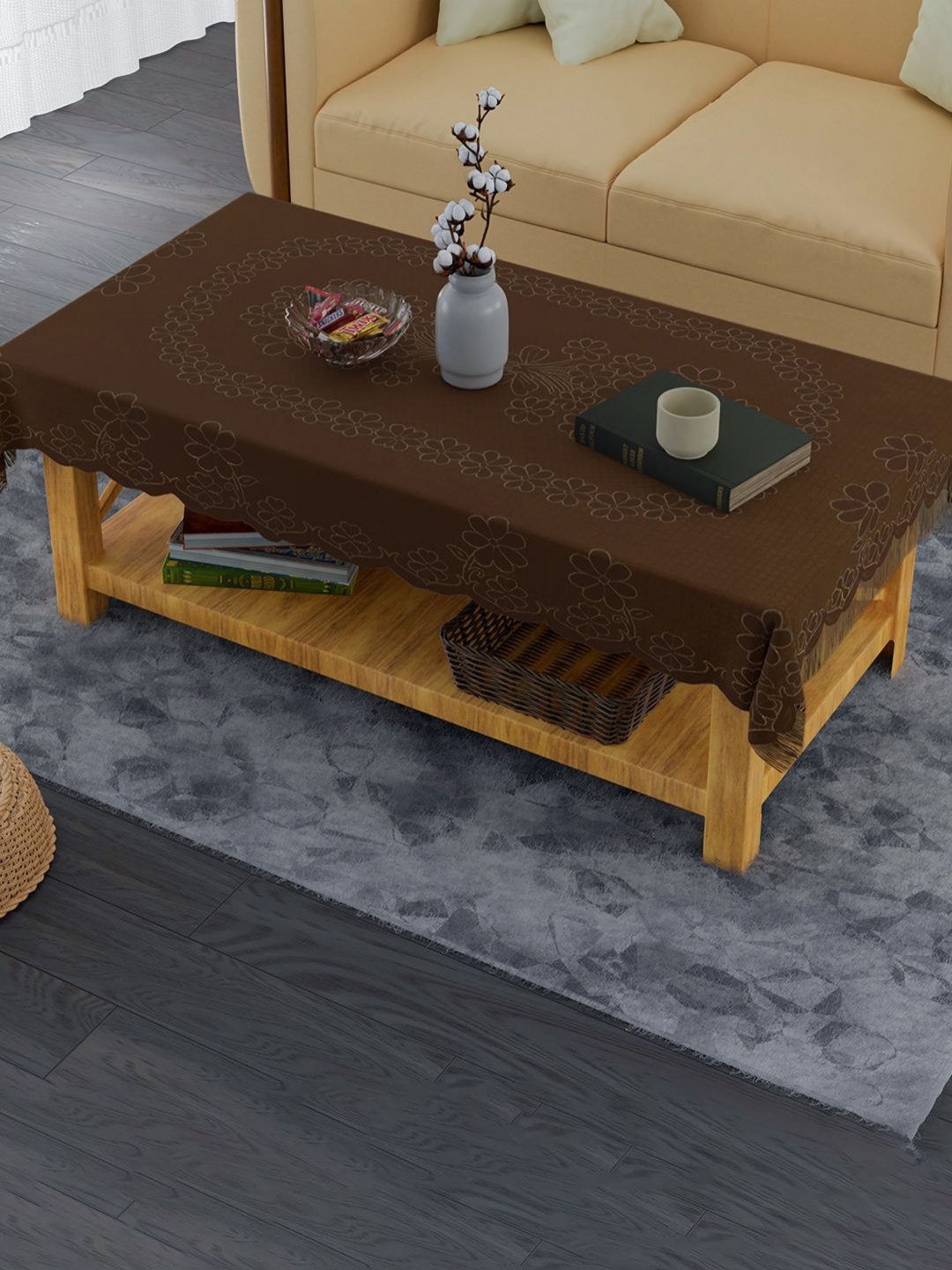 Aura Brown Self Flower Jhalar Cotton 40x60 Inch 4 Seater Center Table Cover