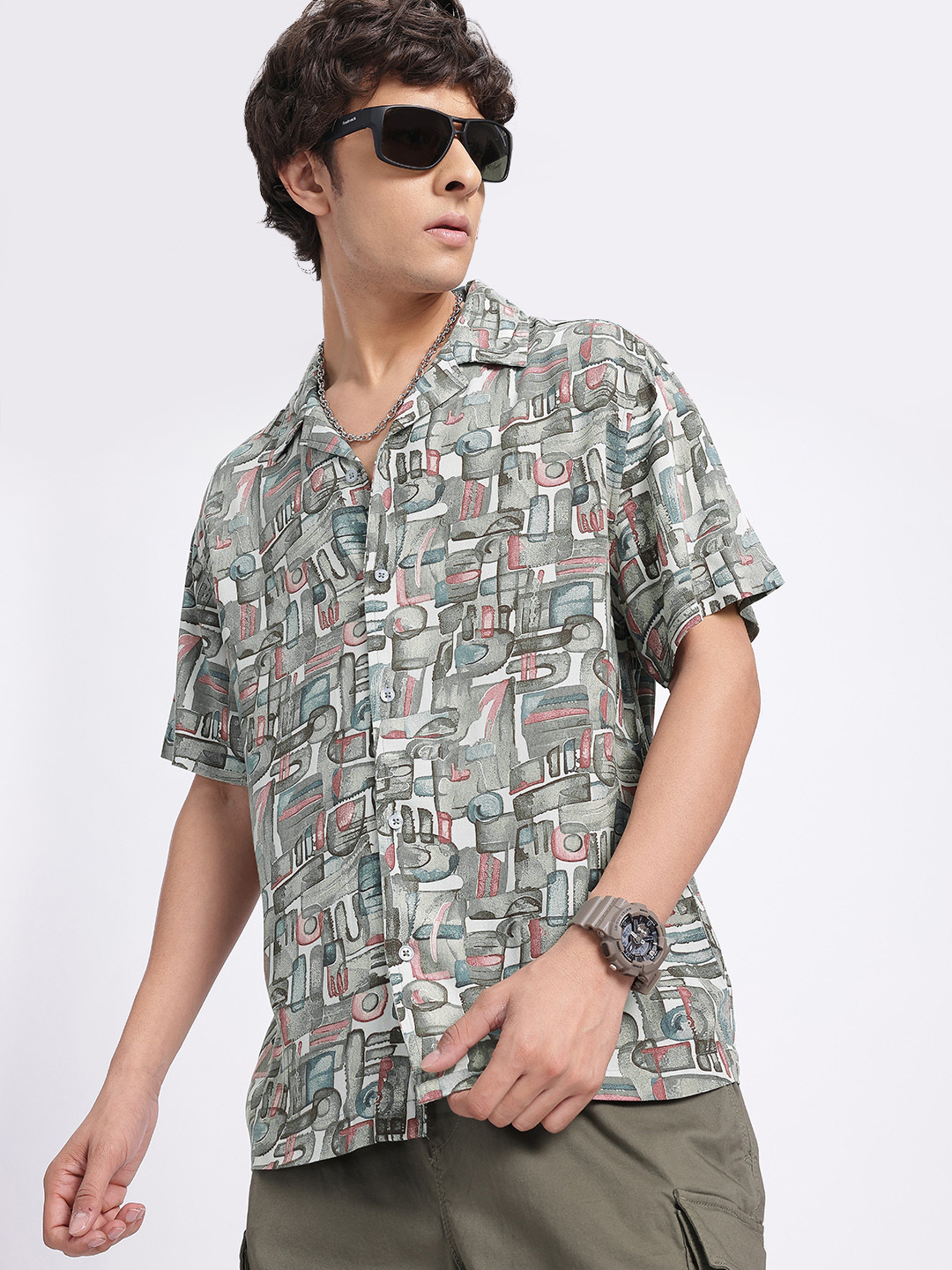 glitchez Indie Geometric Matrix Bowling Relaxed Fit Shirt